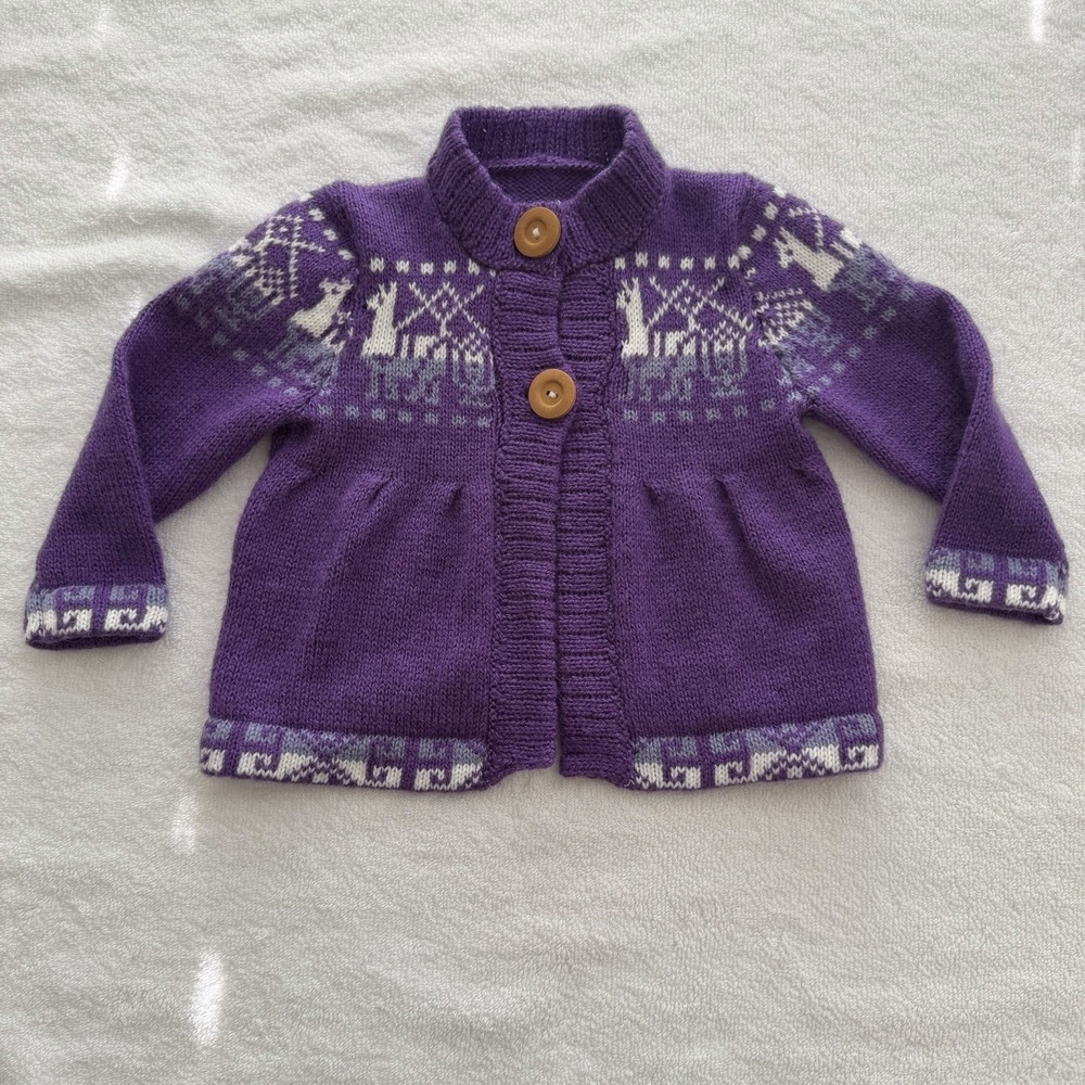 2T Toddler Girls Alpaca Llama Wool‎ Sweater Cardigan Purple Soft Nordic Handmade